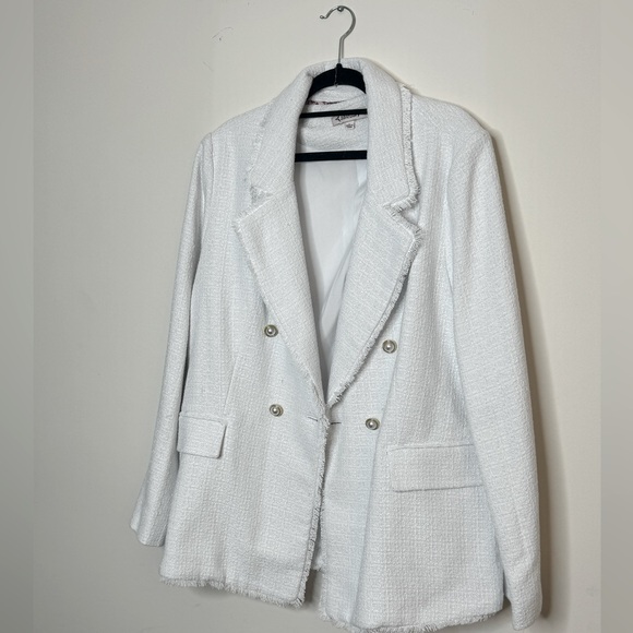 Nanette Lepore White Tweed Double Breasted Blazer Jacket Gold Buttons Size L - Picture 5 of 9